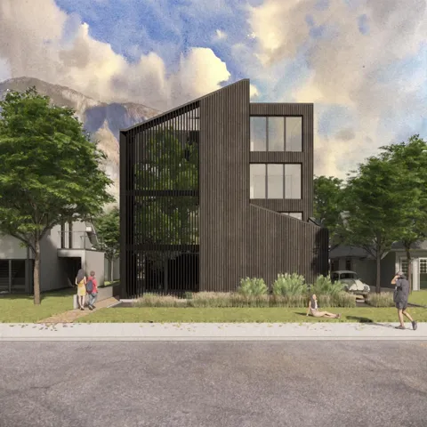 Contemporary exterior with dark vertical siding, multi-story window design, and integrated slatted architectural elements
