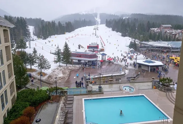 Snow covered pool featuring a wooded view, a mountain view, and a community pool