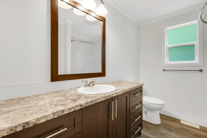 Full bathroom with wood finished floors, vanity, crown molding, toilet, and a shower