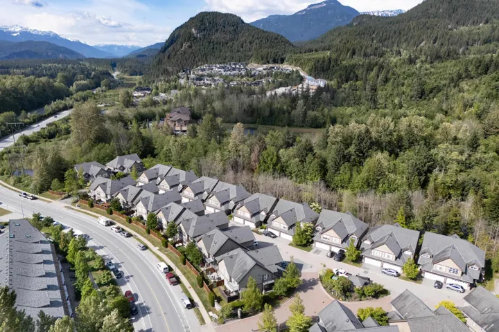 Aerial perspective of suburban area with a heavily wooded area and a mountainous background