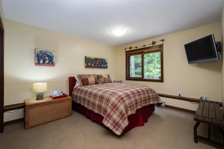 Carpeted bedroom featuring a large window with wood trim, a wall-mounted television, and a built-in wall sconce