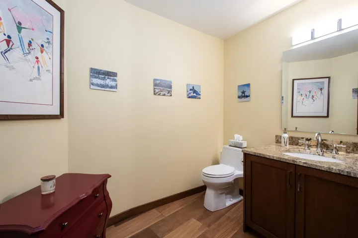 Powder room featuring wood-finish flooring, a contemporary vanity with a granite-style countertop, and an integrated sink with a chrome faucet