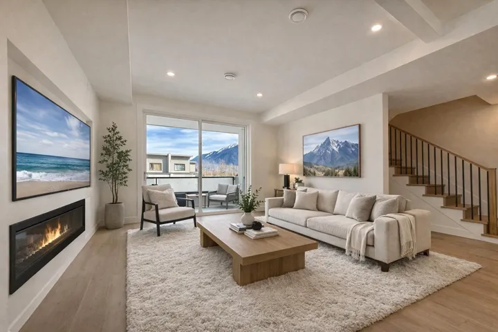Living room featuring a glass covered fireplace, a mountain view, light wood-style flooring, and recessed lighting