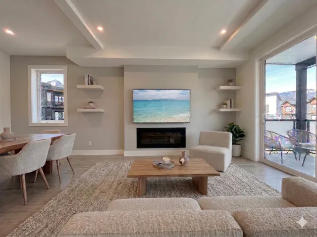 Living room with light wood-style flooring, recessed lighting, a glass covered fireplace, and a raised ceiling