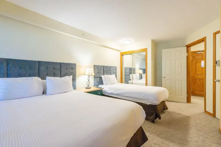 Carpeted bedroom featuring a closet