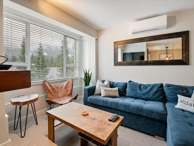 Living room featuring an AC wall unit and carpet flooring