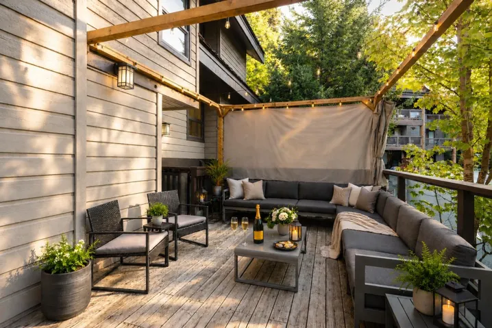 Expansive outdoor deck featuring wood flooring and a privacy screen