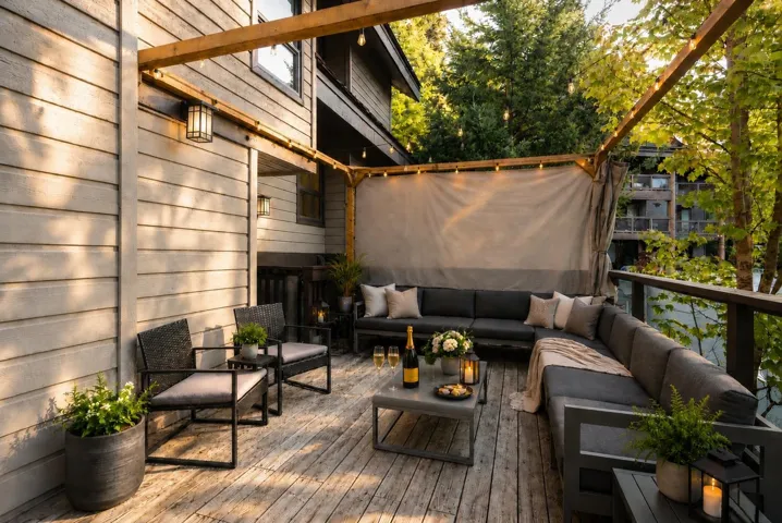Expansive wood deck featuring a partial pergola with string lighting, wood-finish flooring, and exterior wall sconces