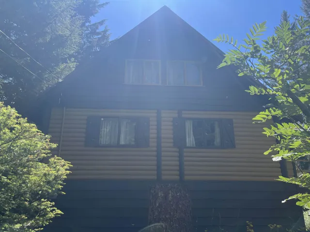 Two-story chalet-style residence featuring a dark-toned roof and upper siding, complemented by light wood-look siding on the main level