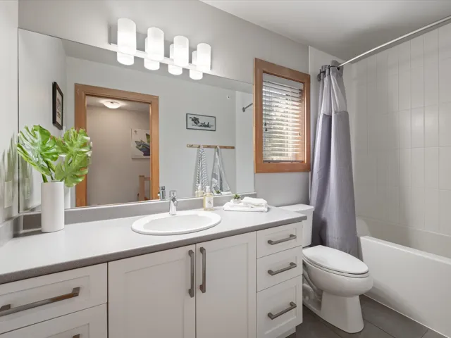 Full bathroom featuring vanity, shower / bath combination with curtain, and dark tile patterned flooring