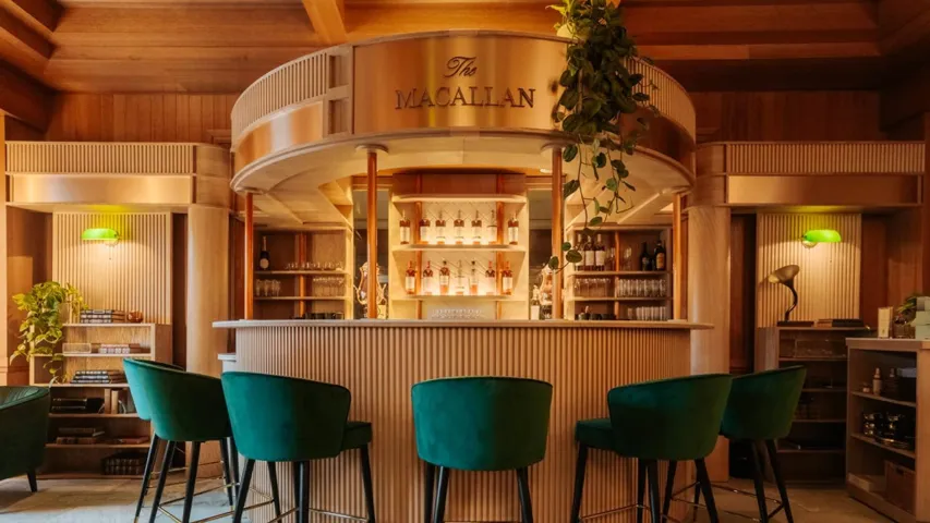 Indoor dry bar featuring wooden walls and open shelves