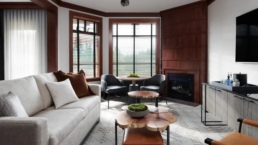 Living room featuring a large fireplace