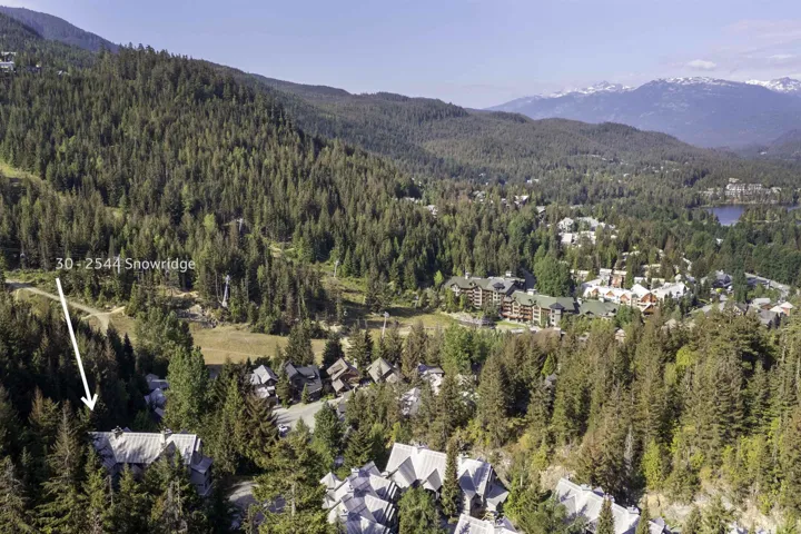 Mountainous landscape with dense evergreen forests, featuring scattered residential properties and a distant body of water