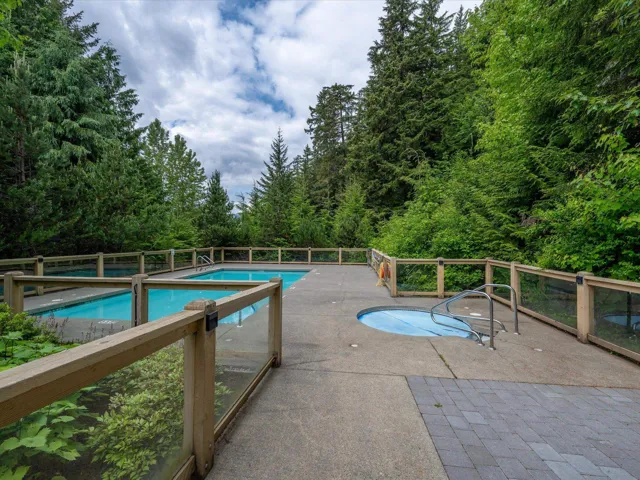 View of pool with a patio and a wooded view