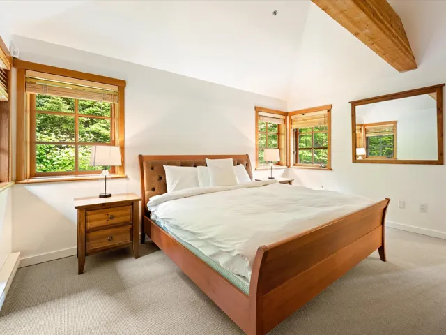 Bedroom with light carpet and multiple windows