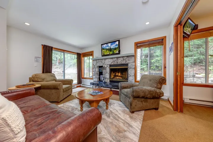 Living area with plenty of natural light, a stone fireplace, light carpet, and recessed lighting