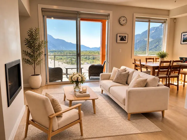 Living area featuring wood-finish flooring, a built-in fireplace, and expansive sliding glass doors opening to a balcony.  Living room virtually staged
