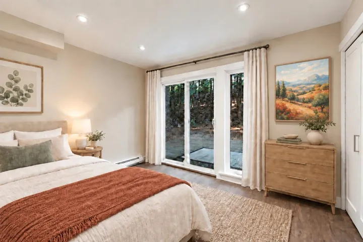 Sliding glass door, wood-finish flooring, recessed lighting, neutral wall tones, and a built-in closet