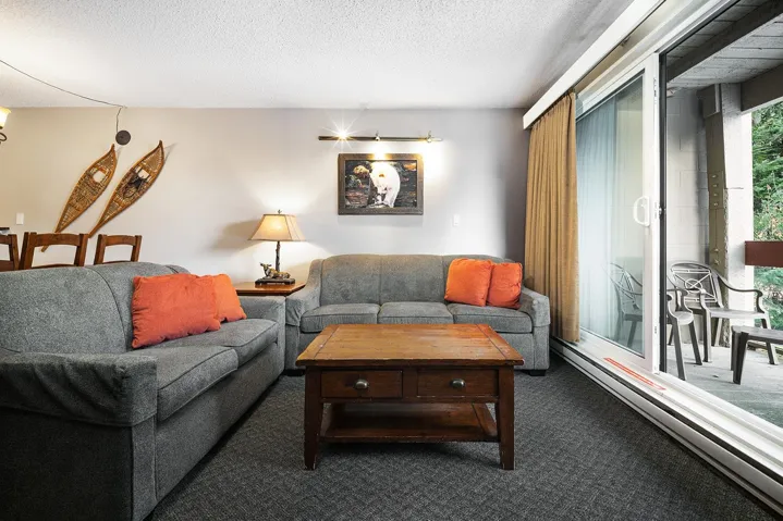 Living room with a baseboard heating unit, dark colored carpet, and a textured ceiling