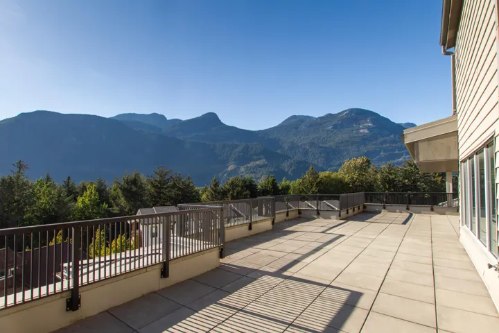 View of patio featuring a mountain view