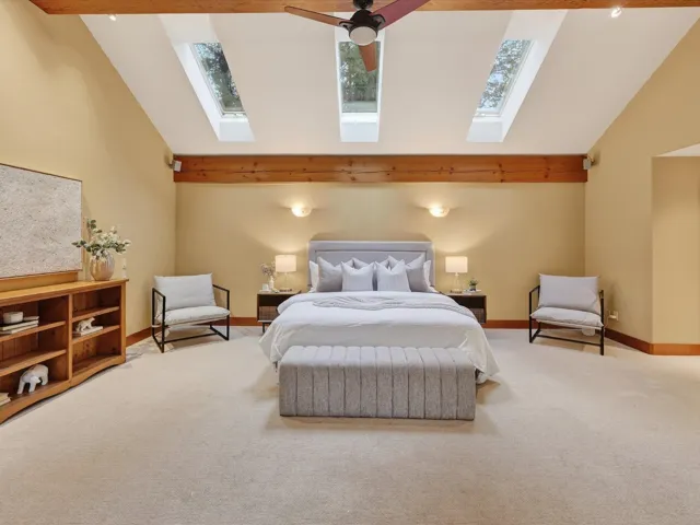 Bedroom with a ceiling fan, carpet, and a skylight