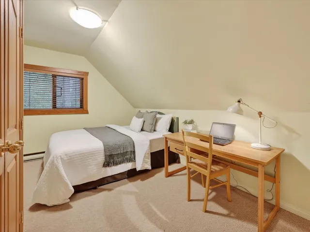 Bedroom with lofted ceiling, an office area, carpet, and a baseboard radiator