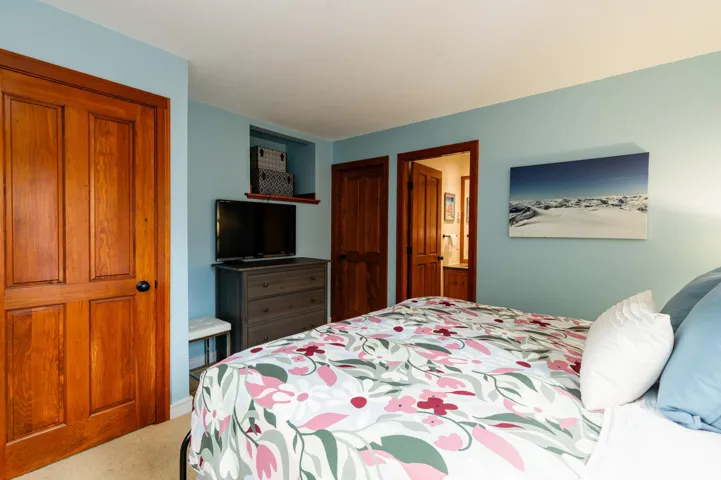 Bedroom with carpet floors, ensuite bath, and a closet