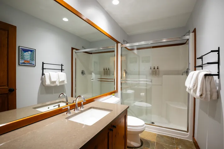 Bathroom featuring a shower stall, vanity, recessed lighting, and dark tile patterned flooring