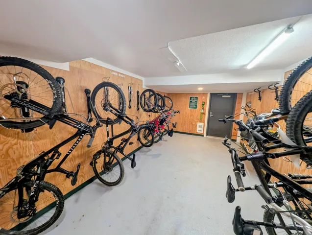 Dedicated bicycle storage area with wood paneling and integrated wall mounts