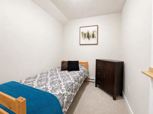 Recessed ceiling with textured finish, light-toned walls, and neutral carpet flooring
