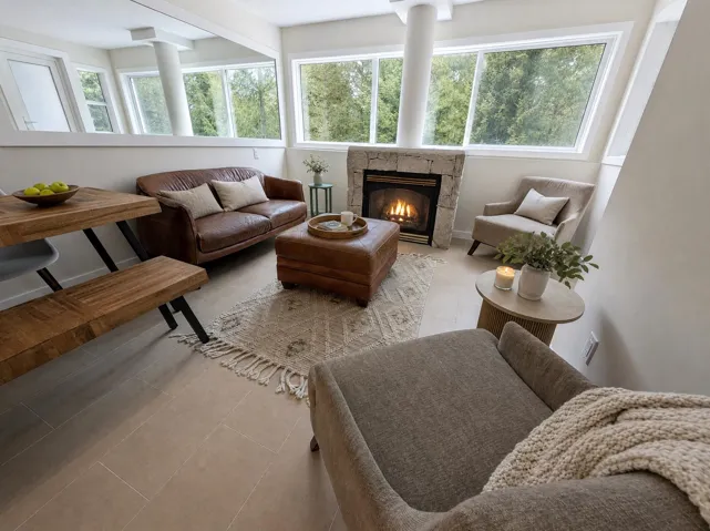 Stone-clad fireplace feature, large window array, and light-toned tile flooring