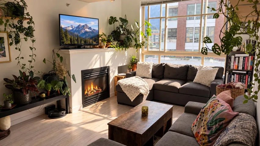 Expansive windows, wood-finish flooring, and a built-in fireplace