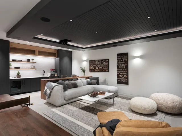 Cinema featuring a raised ceiling and recessed lighting