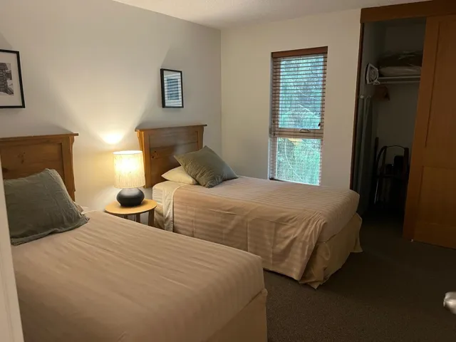 Carpeted bedroom featuring a closet