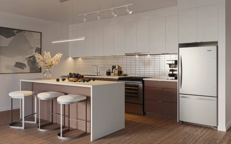 Kitchen with freestanding refrigerator, a breakfast bar, dark wood-style floors, light countertops, and stainless steel range with electric stovetop