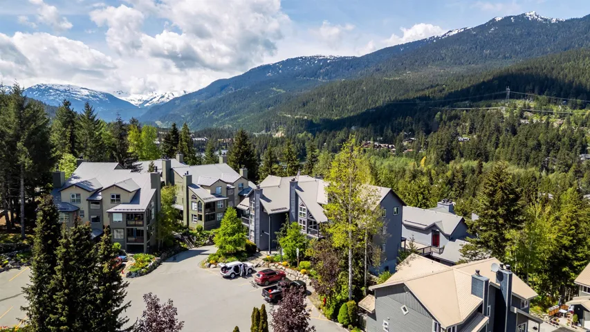 Aerial view of residential area with mountains and a heavily wooded area
