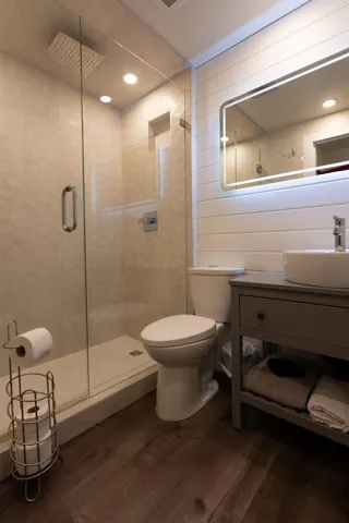 Full bath with wood finished floors, a shower stall, toilet, and vanity