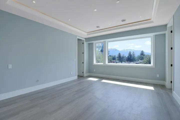 Spare room featuring a tray ceiling, wood finished floors, a mountain view, and recessed lighting