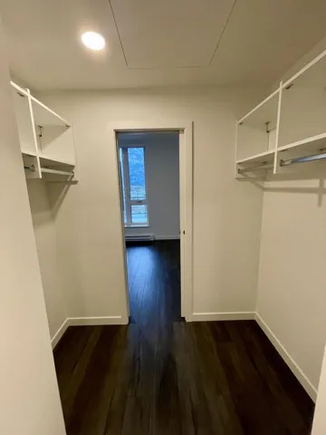 Spacious closet with dark wood-style floors