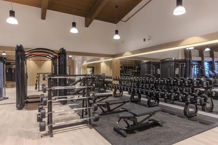 Gym featuring high vaulted ceiling and a wood ceiling with exposed beams