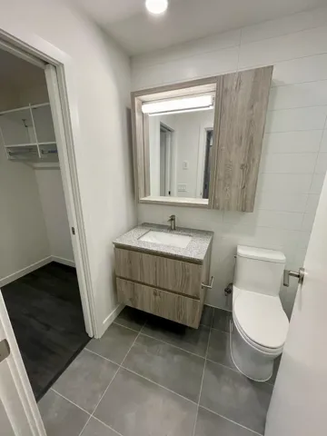 Half bathroom with vanity, dark tile patterned flooring, and a spacious closet