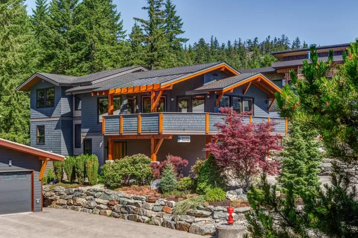 Contemporary house with a shingled roof, a balcony, and a garage