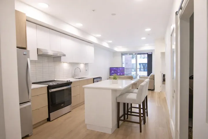 Kitchen featuring stainless steel appliances, modern cabinets, tasteful backsplash, ventilation hood, and recessed lighting