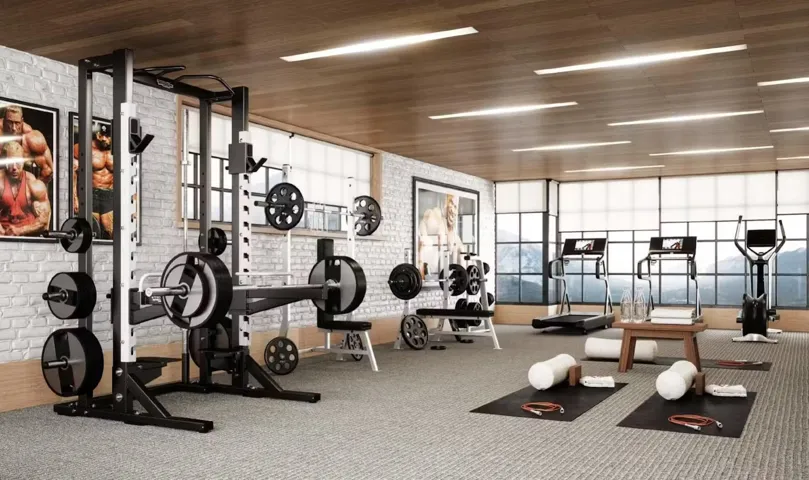 Workout area featuring brick wall and wood ceiling