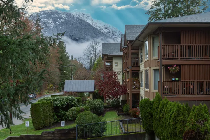 Surrounding community with a mountain view and a lawn