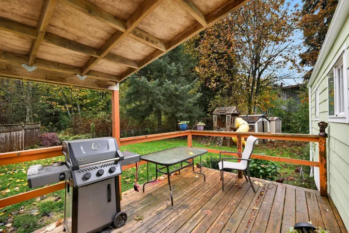 Deck with a storage shed, a fenced backyard, and area for grilling