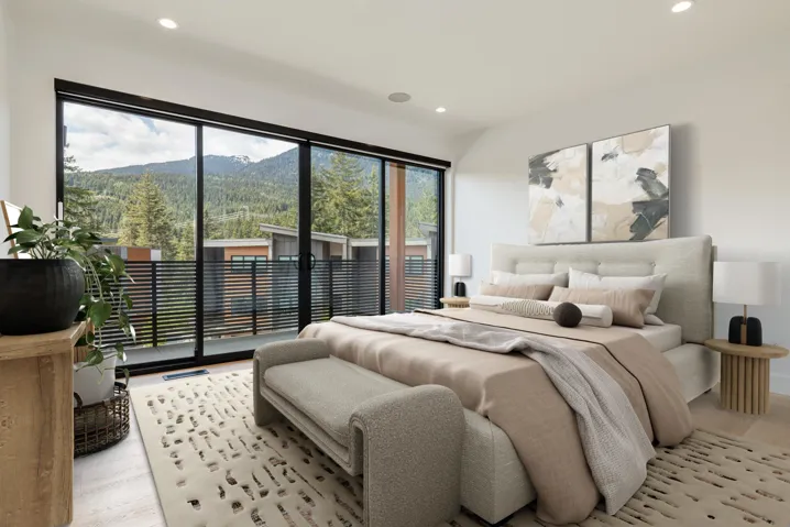 Bedroom featuring wood finished floors, access to outside, recessed lighting, and a mountain view