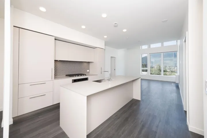 Kitchen with modern cabinets, white cabinetry, light countertops, dark wood-type flooring, and backsplash