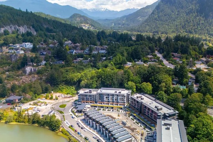 Aerial view of a heavily wooded area and a water and mountain view