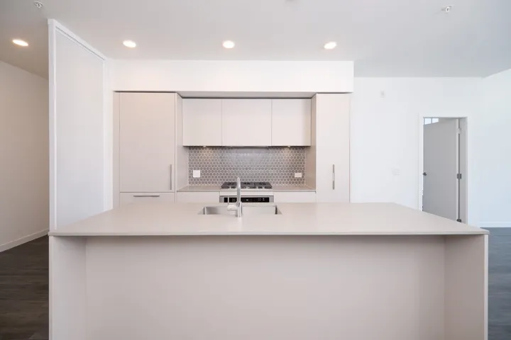 Kitchen with white cabinets, light countertops, dark wood finished floors, tasteful backsplash, and a spacious island